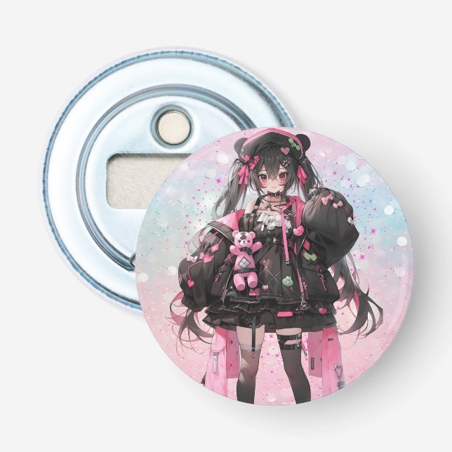 Kawaii Anime Girl in Pink and Black Dress  Bottle Opener (Front)
