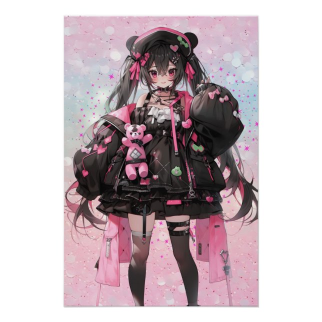 Kawaii Anime Girl in Pink and Black Dress  Poster (Front)