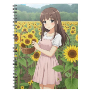 Kawaii Anime Girl in Sunflower Garden Notebook
