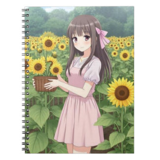 Kawaii Anime Girl in Sunflower Garden Notebook