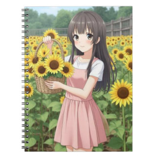 Kawaii Anime Girl in Sunflower Garden Notebook