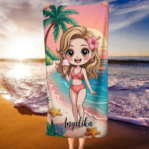 Kawaii Anime Girl Tropical Sunset Beach Vibes Towel