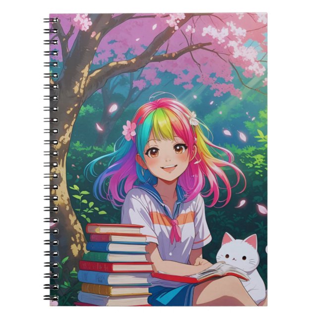 Kawaii Anime Girl with a Kitten Notebook (Front)