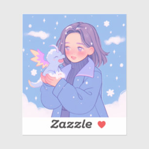 Kawaii Anime Girl With Baby Dragon in Winter Snow