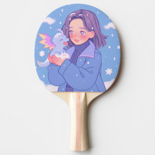 Kawaii Anime Girl With Baby Dragon in Winter Snow Ping Pong Paddle