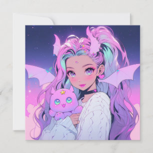 Kawaii Anime Girl with Plush Creature Invitation