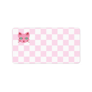 Kawaii Anime Kitty Cat Pink & White Chequerboard Label