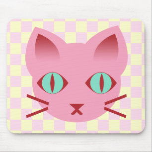 Kawaii Anime Kitty Cat Pink & Yellow Checks Mouse Pad