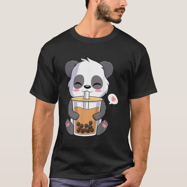 Kawaii Anime Panda Drinking Boba Bubble Tea T-Shirt (Front)