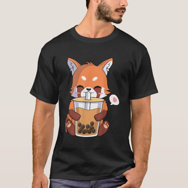 Kawaii Anime Red Panda Drinking Boba Bubble Tea T-Shirt (Front)