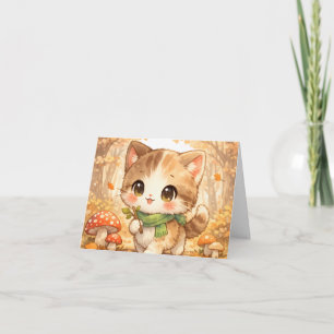 Kawaii Autumn Forest Kitty  Cosy Fall Woodland Cat Card