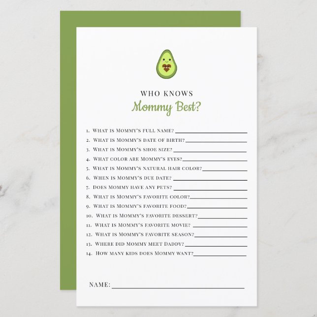 Kawaii Avocado Baby Shower Game Who Knows Mummy  (Front/Back)