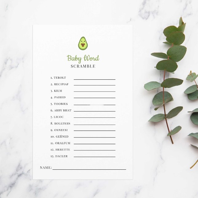 Kawaii Avocado Baby Shower Game Word Scramble  (Creator Uploaded)