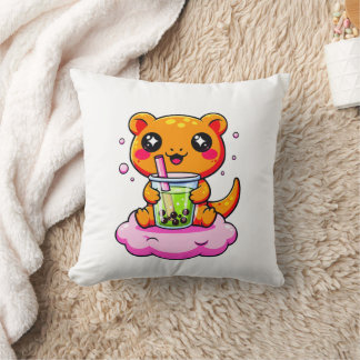 Kawaii Axolotl Drinking Pink Boba Tea Cute Pillows