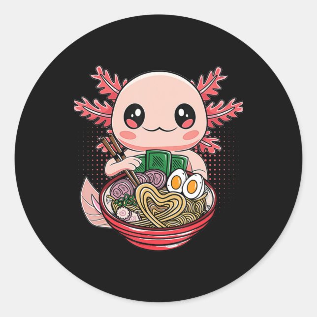 Kawaii Axolotl Eating Ramen Noodles Anime Gift Gir Classic Round Sticker (Front)