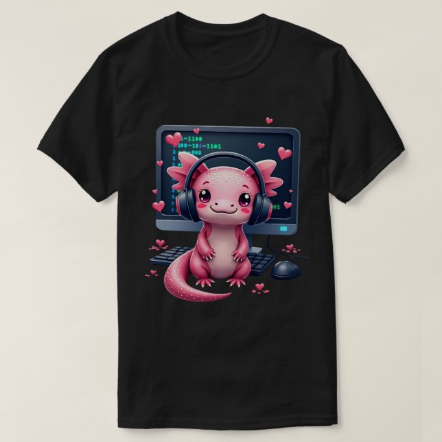 Kawaii Axolotl Gamer Coding T-Shirt (Design Front)