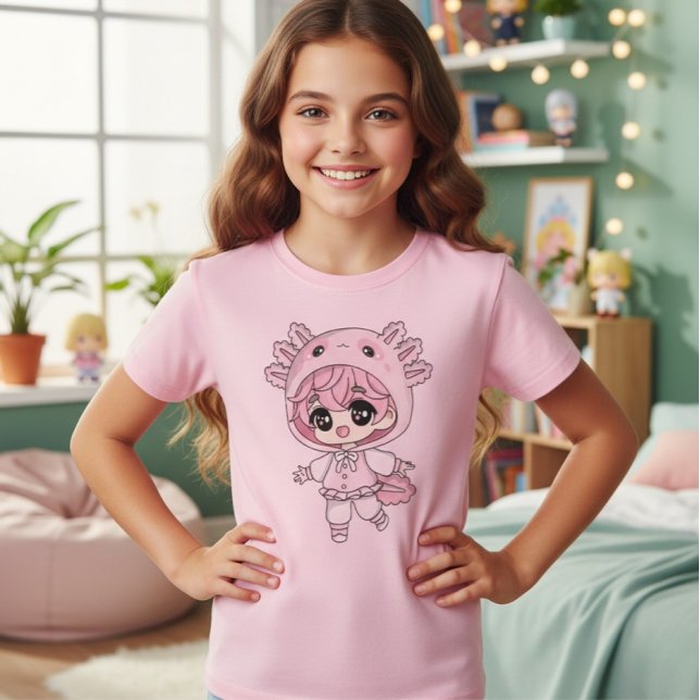 Kawaii Axolotl Girl Chibi Kids T-Shirt (Creator Uploaded)