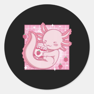 Kawaii Axolotl Strawberry Milk Shake Carton Japane Classic Round Sticker