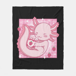 Kawaii Axolotl Strawberry Milk Shake Carton Japane Fleece Blanket