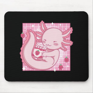 Kawaii Axolotl Strawberry Milk Shake Carton Japane Mouse Pad