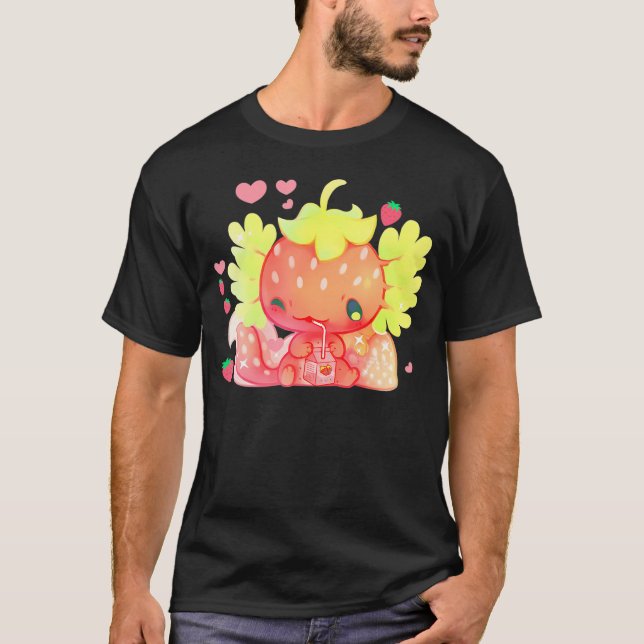 Kawaii Axolotl Strawberry Milk Shake Japanese Anim T-Shirt (Front)