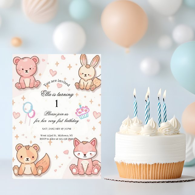 Kawaii Baby Animal 1st Birthday Invitation (Creator Uploaded)