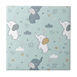Kawaii Baby Elephant Nursery Blue Tile