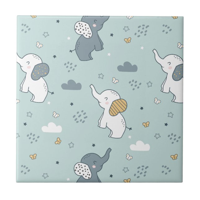 Kawaii Baby Elephant Nursery Blue Tile (Front)