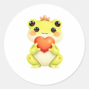 Kawaii Baby Frog Holding a Heart Classic Round Sticker