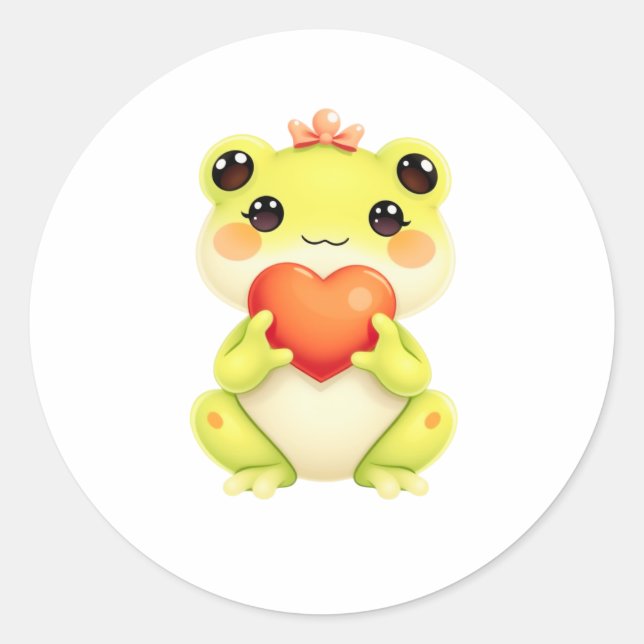 Kawaii Baby Frog Holding a Heart Classic Round Sticker (Front)