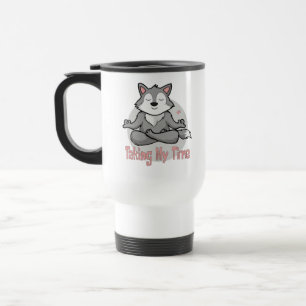 Kawaii baby wolf doing yoga poses for meditation travel mug