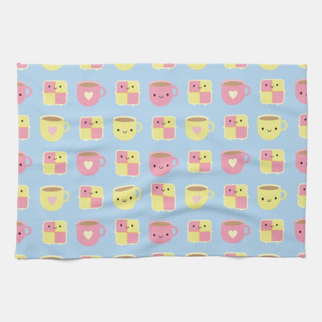 Kawaii Battenberg Cake & Cup of Tea Tea Towel (Horizontal)