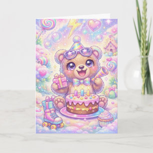 Kawaii Bear Birthday Pastel Rainbow Roller Skate Card