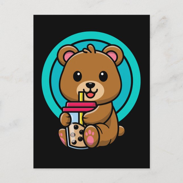Kawaii Bear Drinking Bubble Tea Lover Postcard (Front)