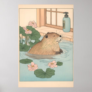 Kawaii Beaver Ukiyo-e Print Funny Bathroom Japandi