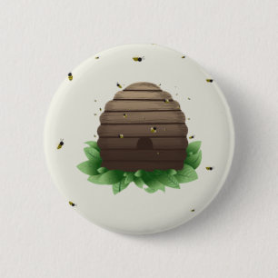 kawaii beehive and beeswarm 6 cm round badge