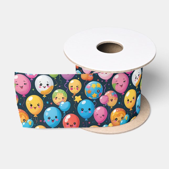 Kawaii Birthday Balloon Pattern Satin Ribbon (Spool)