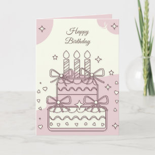 Kawaii Birthday Cake Illustration with Hearts Card