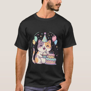 Kawaii Birthday Cat with Cake & Balloons ✨🐾🎂 T-Shirt