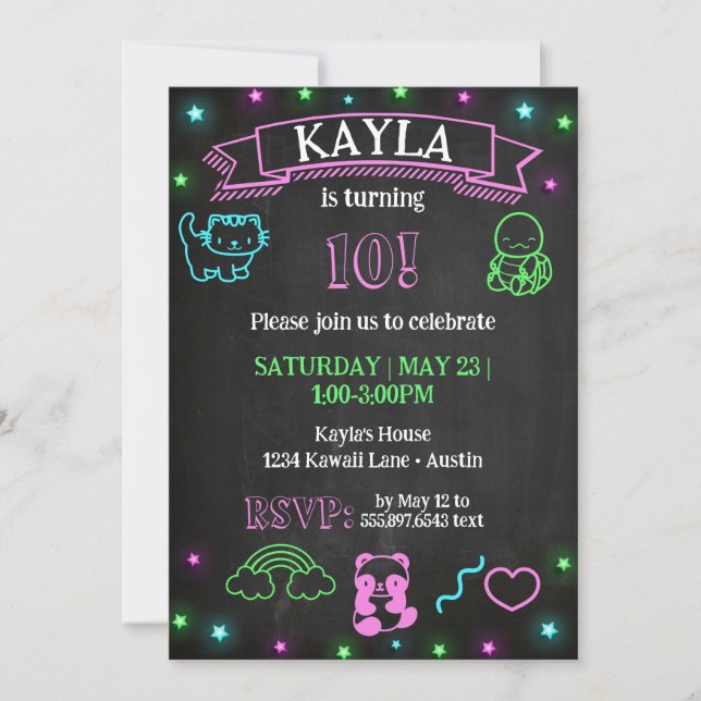Kawaii Birthday Chalkboard Neon Party Invitation (Front)