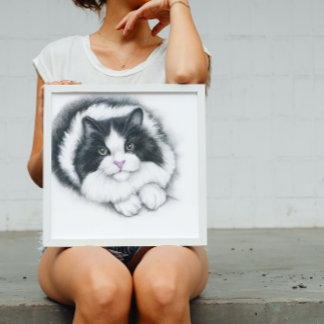 kawaii black and white cat poster