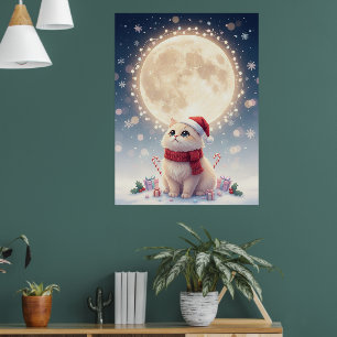 Kawaii Black Cat Christmas Moon Poster
