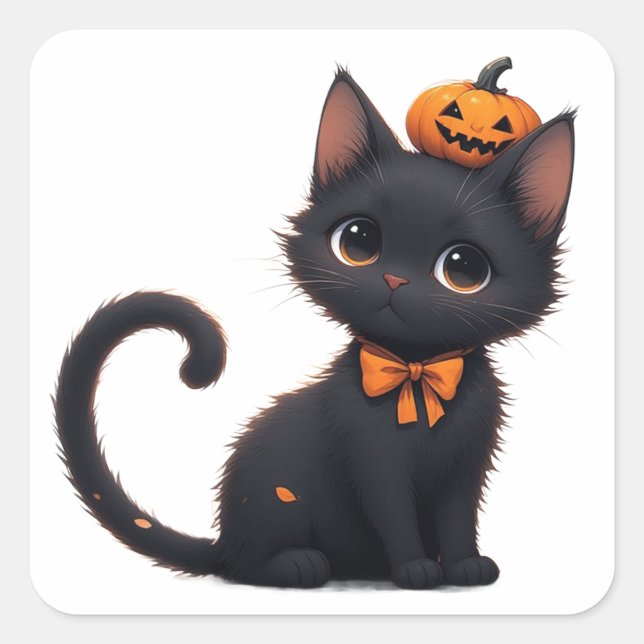 Kawaii Black Cat Halloween 🎃 Square Sticker (Front)