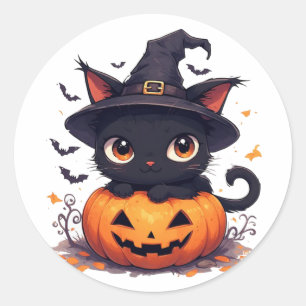Kawaii Black Cat Holding Pumpkin Halloween 🎃 Classic Round Sticker