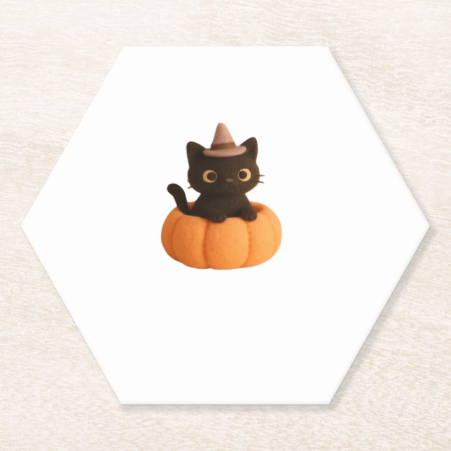 Kawaii Black Cat in Pumpkin  Cute Felt Halloween D Paper Coaster (Front)