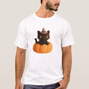 Kawaii Black Cat in Pumpkin Cute Felt Halloween D T-Shirt