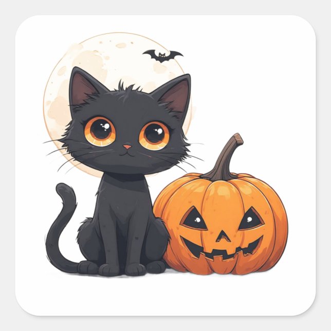 Kawaii Black Cat Magic Halloween Theme 🎃 Square Sticker (Front)
