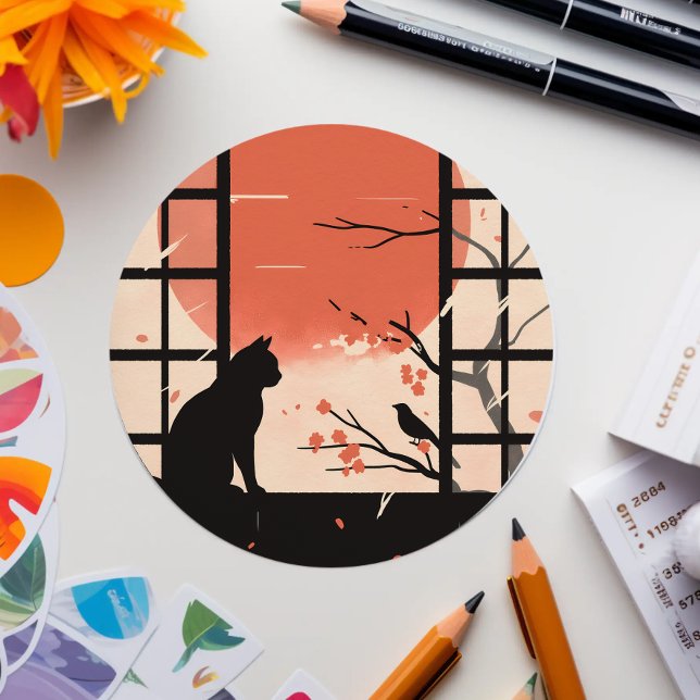 Kawaii Black Cat near Window - Japanese Aesthetic Classic Round Sticker (Creator Uploaded)