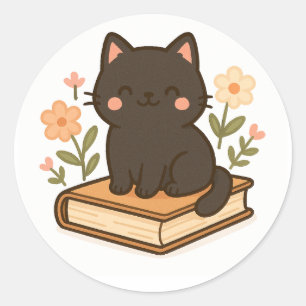 Kawaii Black Cat on Book – Cozy Sticker