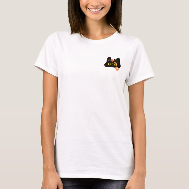 Kawaii Black Cat Peekaboo Art with Bow T-Shirt (Front)